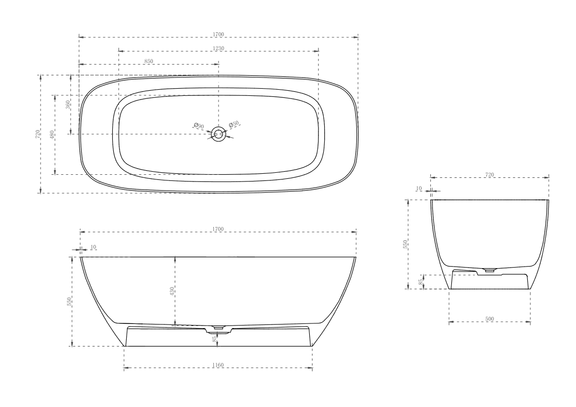 Milano Verse Solid Surface Stone Bathtub - Ideal Bathroom CentreBT-SBS14001400mm