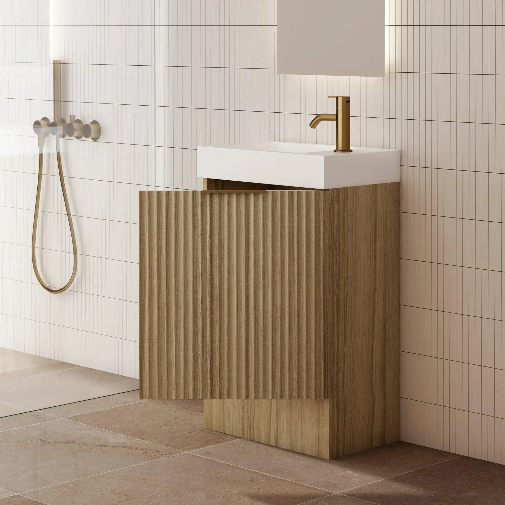 Milano Wave Flute 460mm Small Space Vanity-Natural Oak - Ideal Bathroom CentreWAVE4625FSR-OAKFreestandingRight Hand Hinge