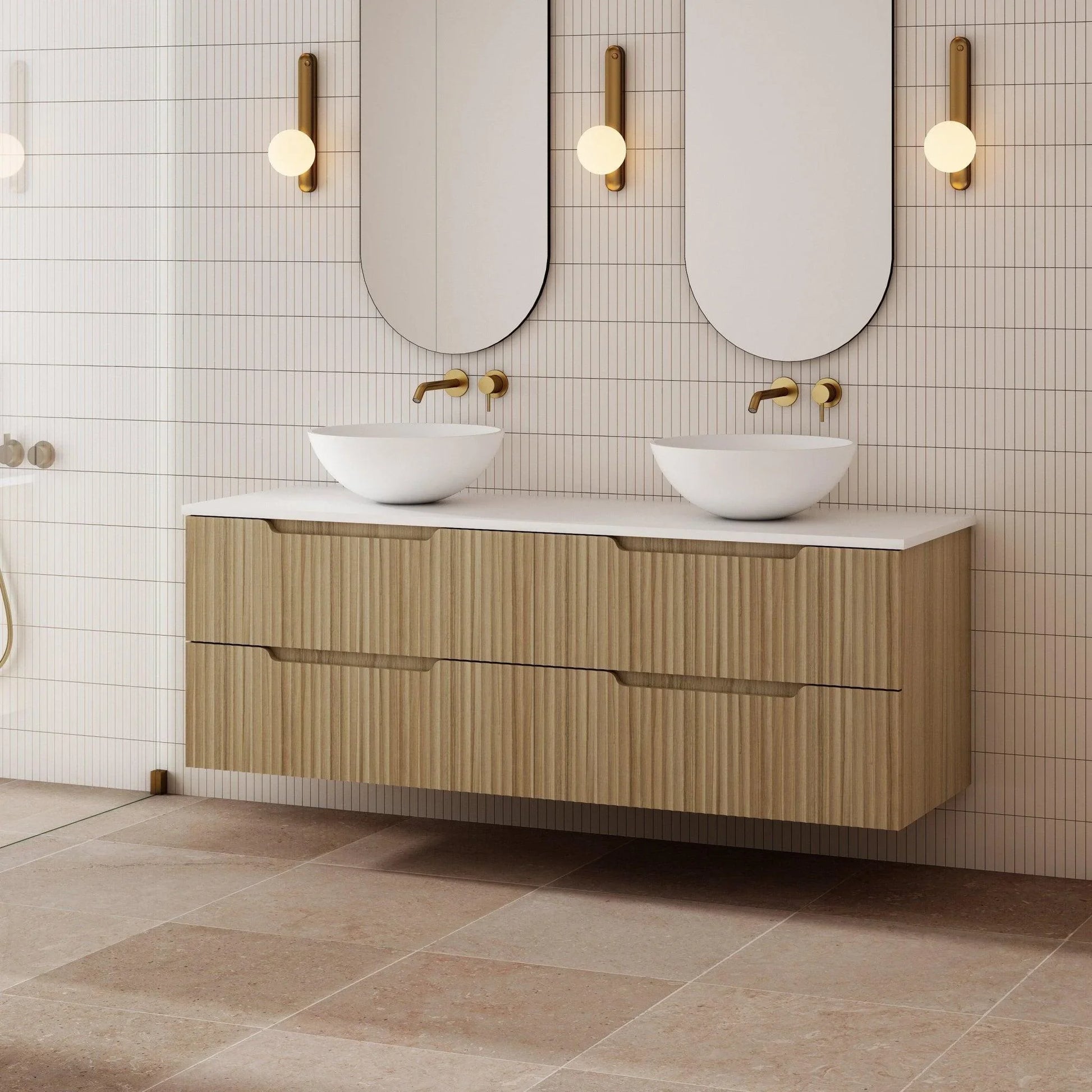 Milano Wave Flute Wall Hung Vanity Natural Oak - Ideal Bathroom CentreWAVE1200WH-OAK1200mmCentre Bowl