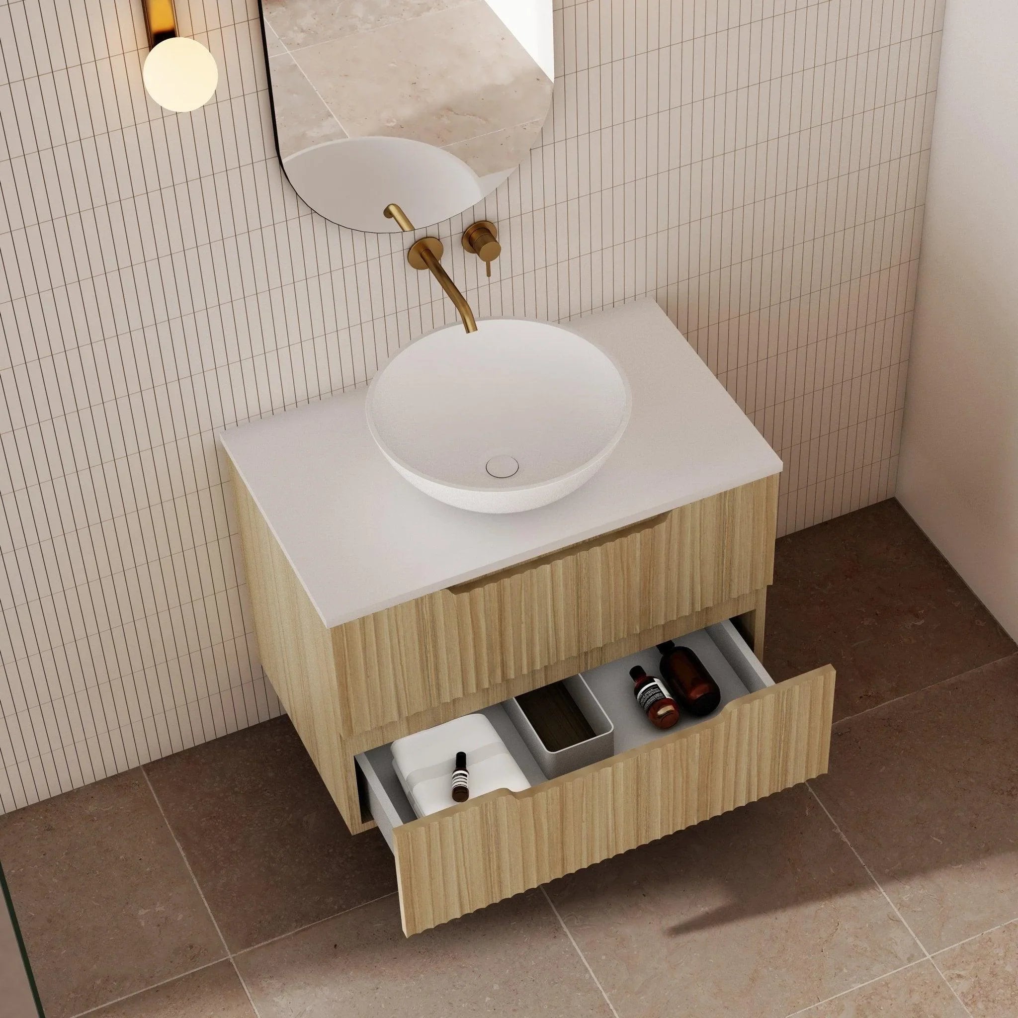 Milano Wave Flute Wall Hung Vanity Natural Oak - Ideal Bathroom CentreWAVE750WH-OAK750mmCentre Bowl
