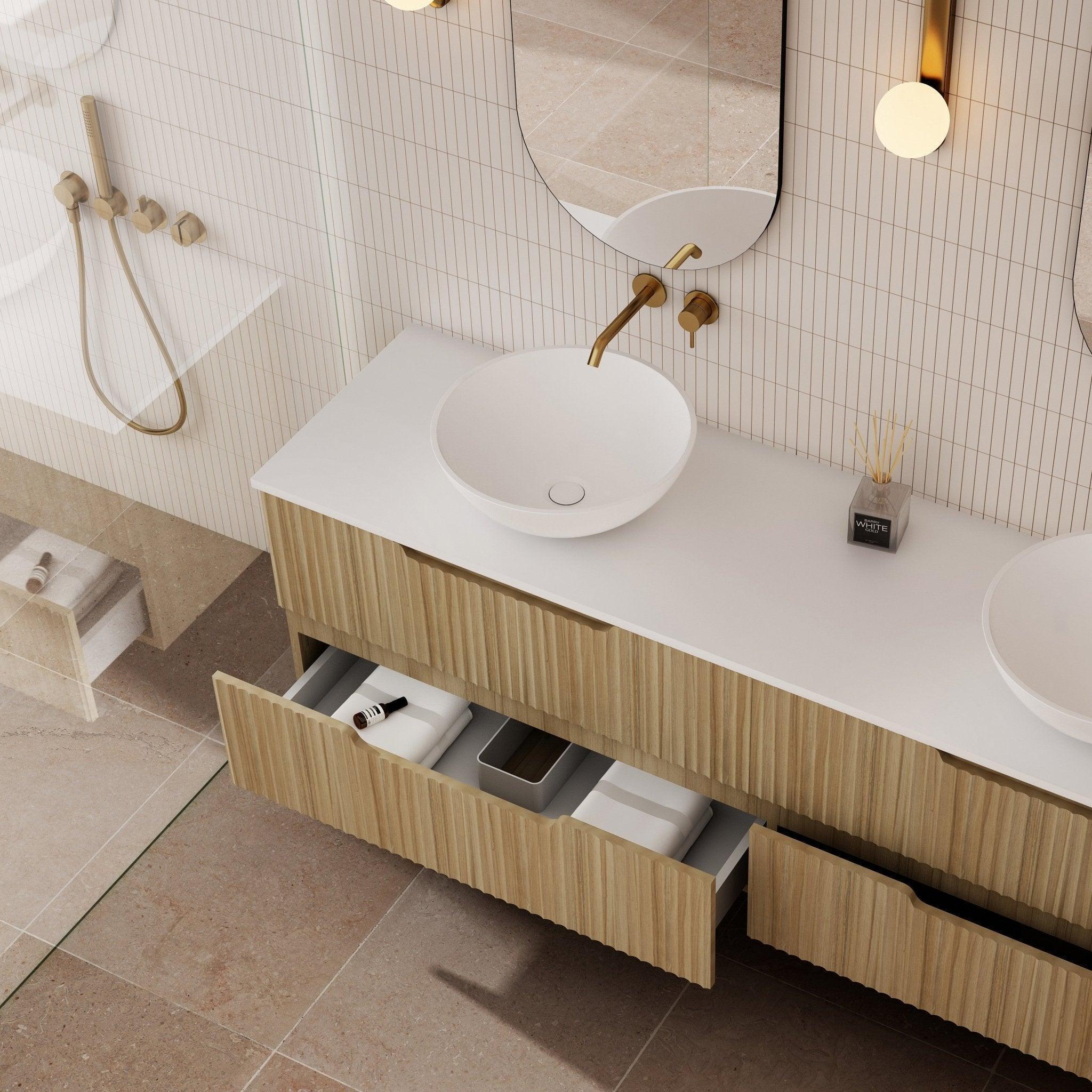Milano Wave Flute Wall Hung Vanity Natural Oak - Ideal Bathroom CentreWAVE1500WH-OAK1500mmDouble Bowl
