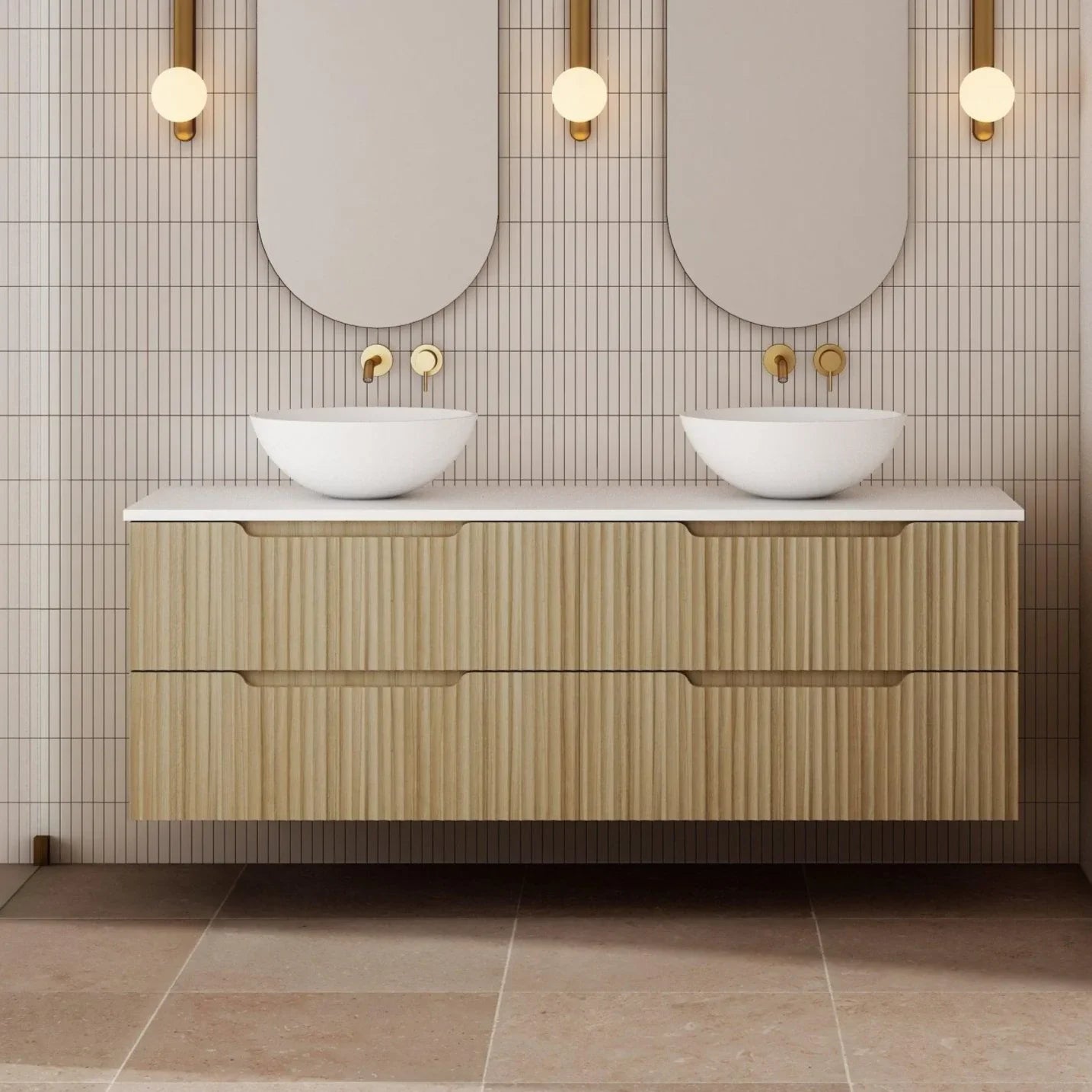 Milano Wave Flute Wall Hung Vanity Natural Oak - Ideal Bathroom CentreWAVE1500WH-OAK1500mmDouble Bowl