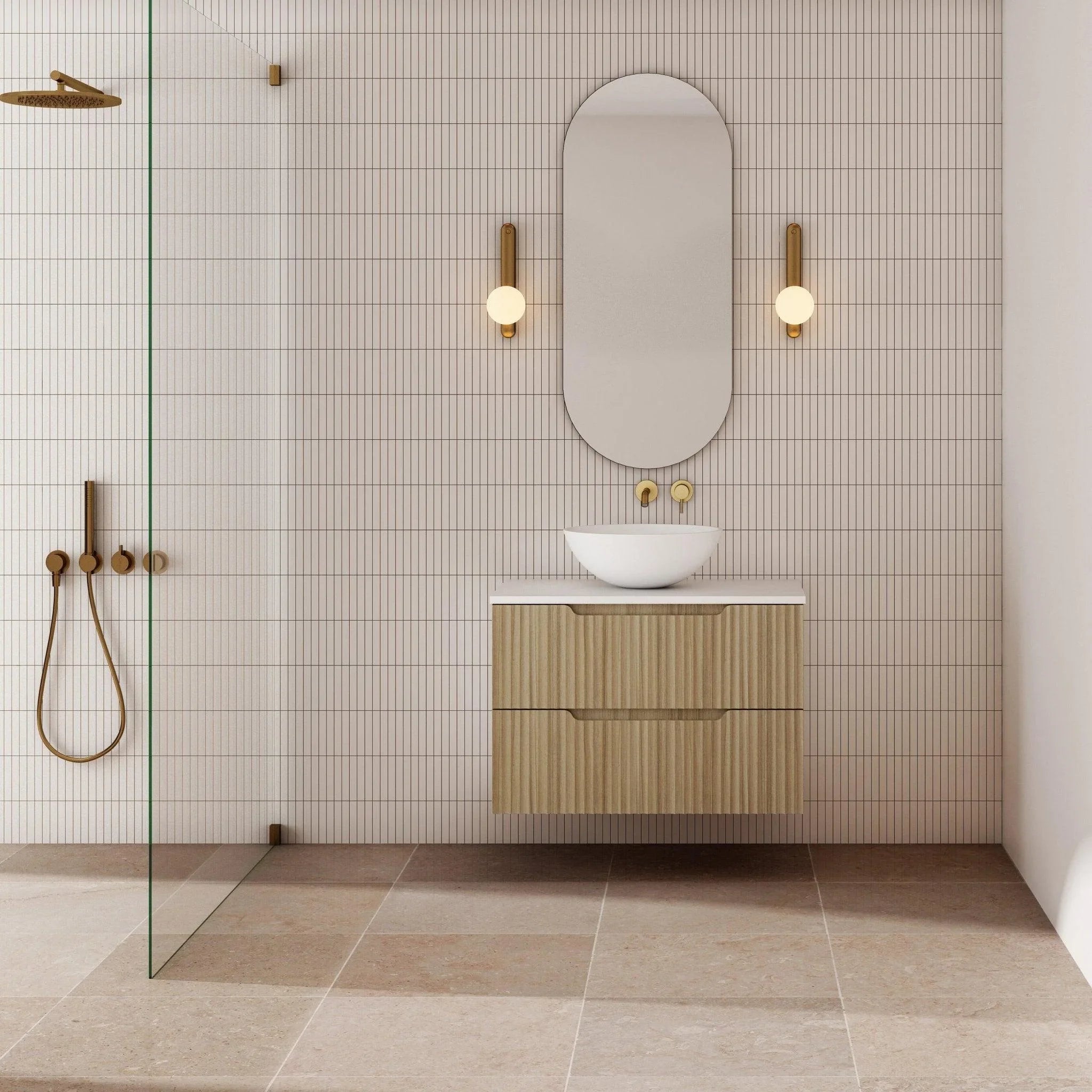 Milano Wave Flute Wall Hung Vanity Natural Oak - Ideal Bathroom CentreWAVE750WH-OAK750mmCentre Bowl