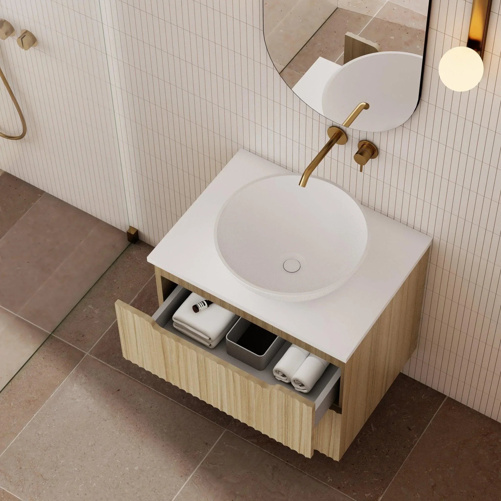 Milano Wave Flute Wall Hung Vanity Natural Oak - Ideal Bathroom CentreWAVE600WH-OAK600mmCentre Bowl