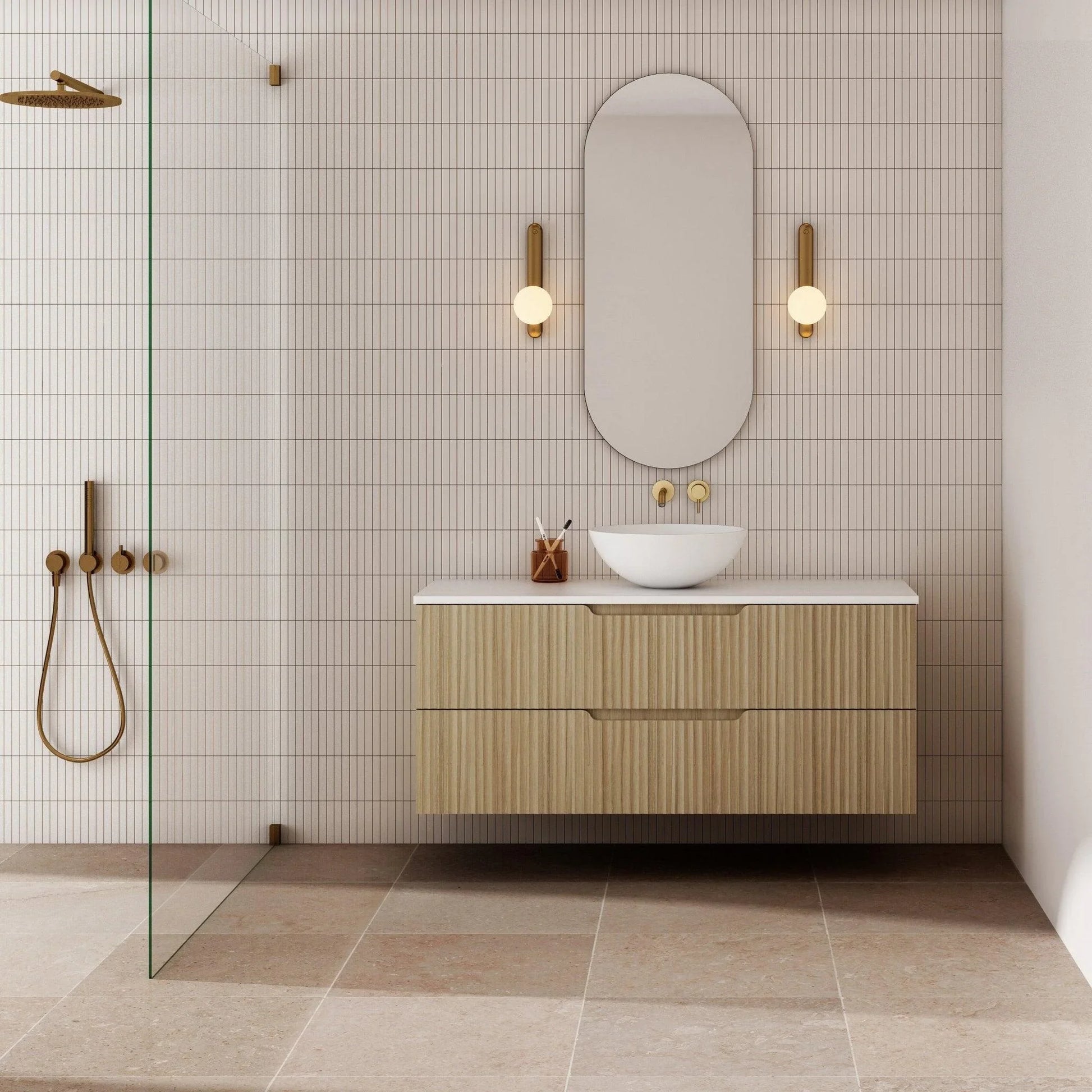 Milano Wave Flute Wall Hung Vanity Natural Oak - Ideal Bathroom CentreWAVE1200WH-OAK1200mmCentre Bowl