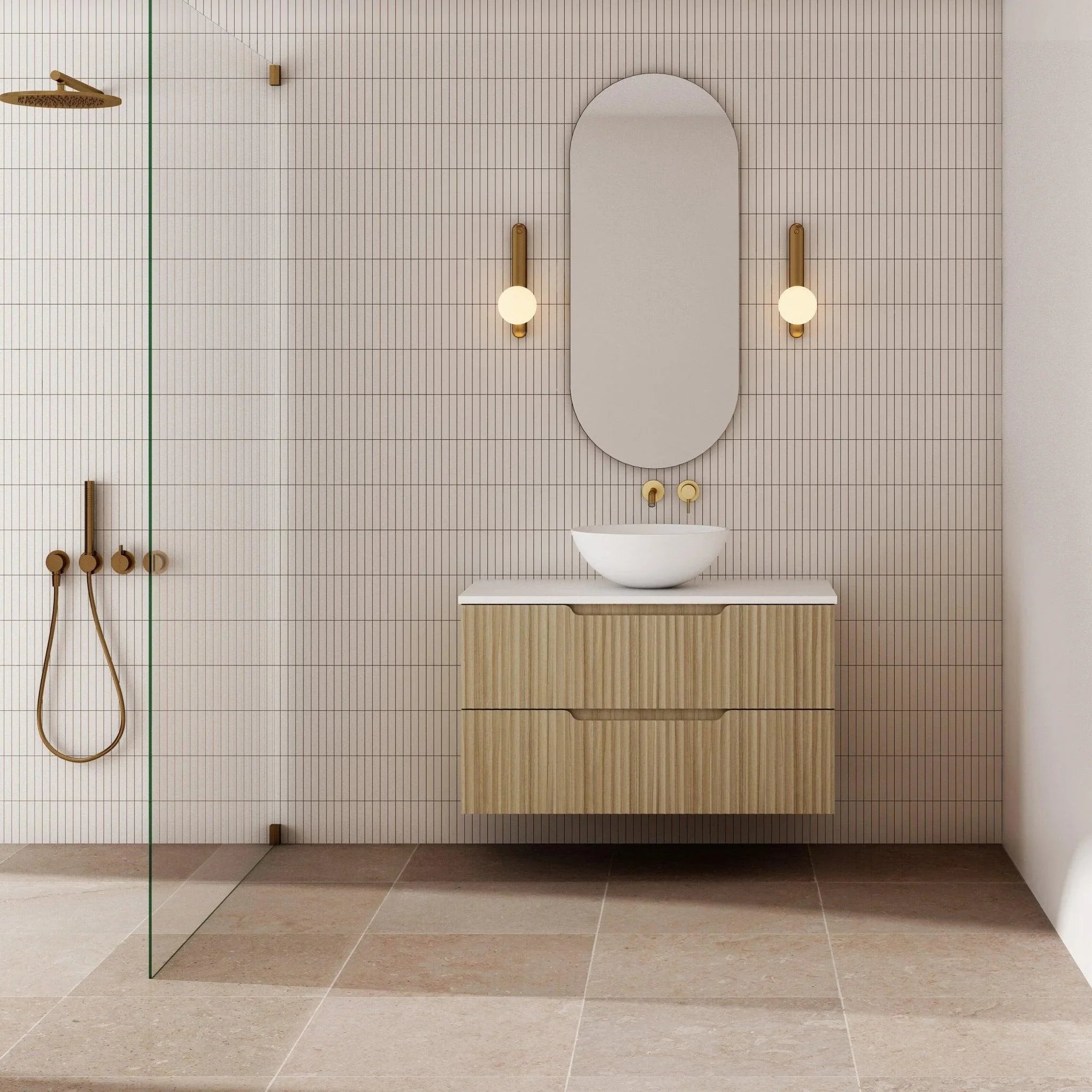 Milano Wave Flute Wall Hung Vanity Natural Oak - Ideal Bathroom CentreWAVE900WH-OAK900mmCentre Bowl