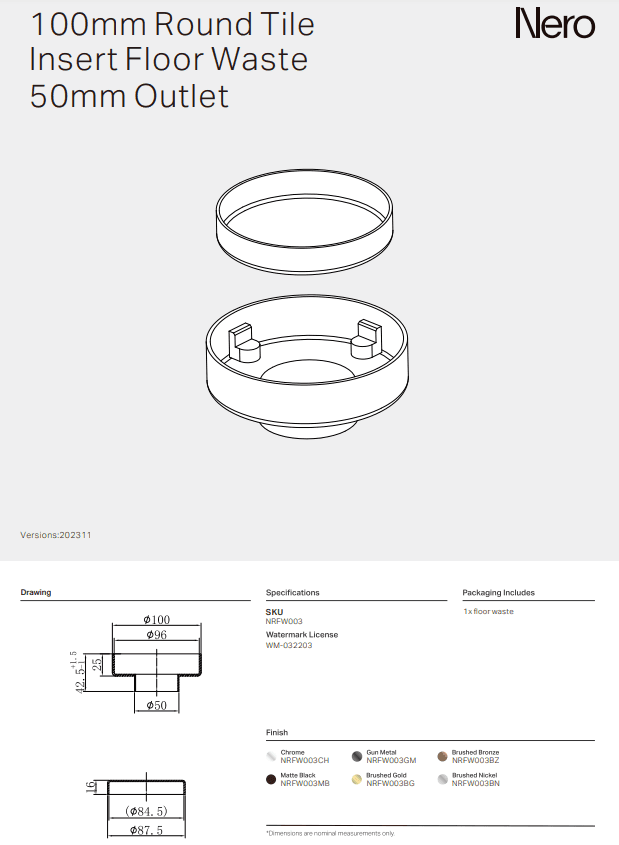 NERO 100MM ROUND TILE INSERT FLOOR WASTE 50MM OUTLET BRUSHED NICKEL - Ideal Bathroom CentreNRFW003BN