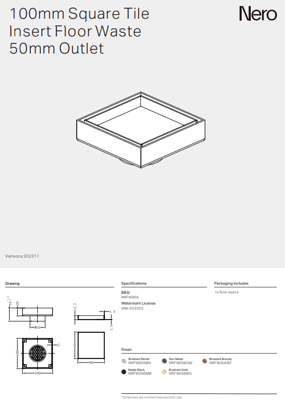 NERO 100MM SQUARE TILE INSERT FLOOR WASTE 50MM OUTLET BRUSHED GOLD - Ideal Bathroom CentreNRFW006BG