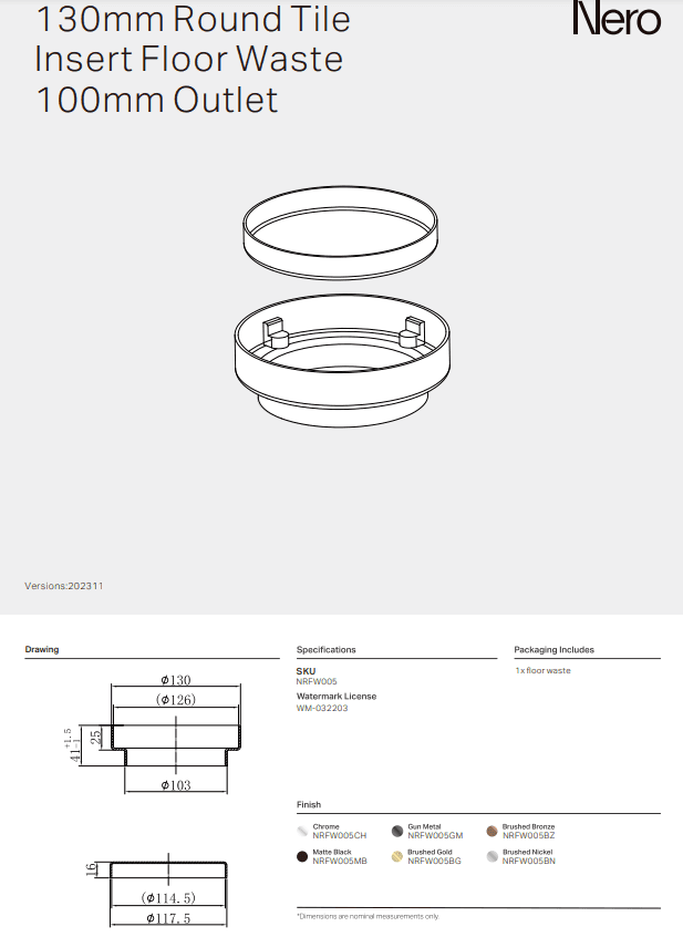 NERO 130MM ROUND TILE INSERT FLOOR WASTE 100MM OUTLET BRUSHED BRONZE - Ideal Bathroom CentreNRFW005BZ