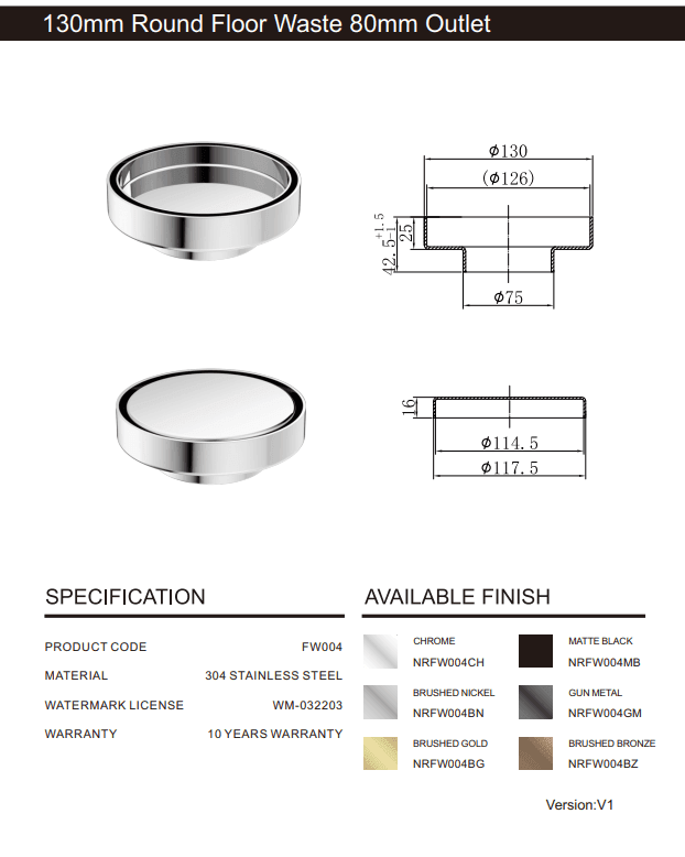 NERO 130MM ROUND TILE INSERT FLOOR WASTE 80MM OUTLET MATTE BLACK - Ideal Bathroom CentreNRFW004MB