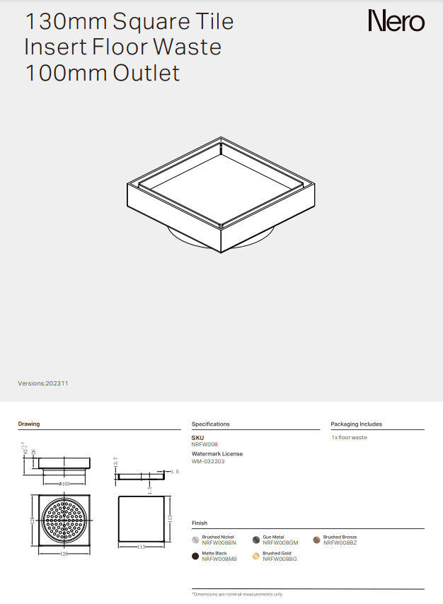 NERO 130MM SQUARE TILE INSERT FLOOR WASTE 100MM OUTLET GUN METAL - Ideal Bathroom CentreNRFW008GM