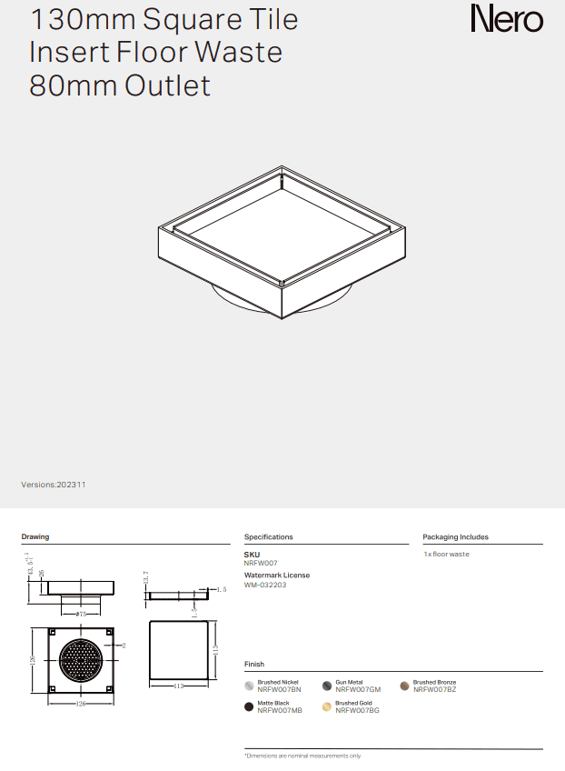 NERO 130MM SQUARE TILE INSERT FLOOR WASTE 80MM OUTLET BRUSHED NICKEL - Ideal Bathroom CentreNRFW007BN