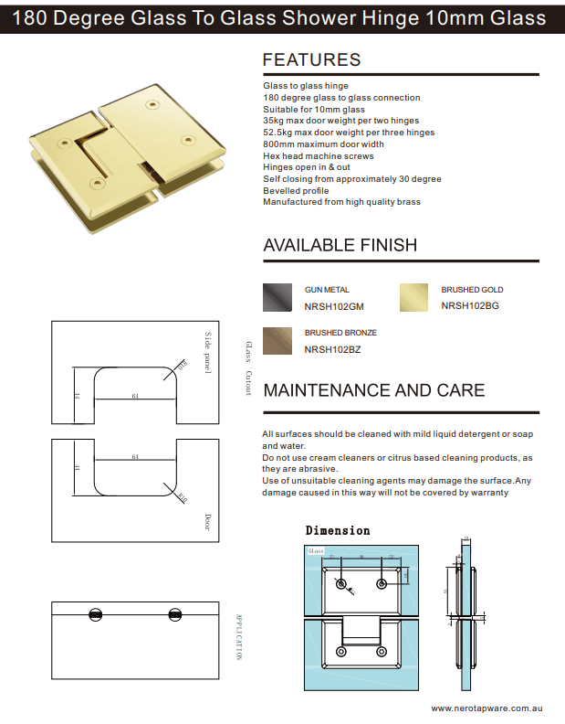 NERO 180 DEGREE GLASS TO GLASS SHOWER HINGE 10MM GLASS GUN METAL - Ideal Bathroom CentreNRSH102GM