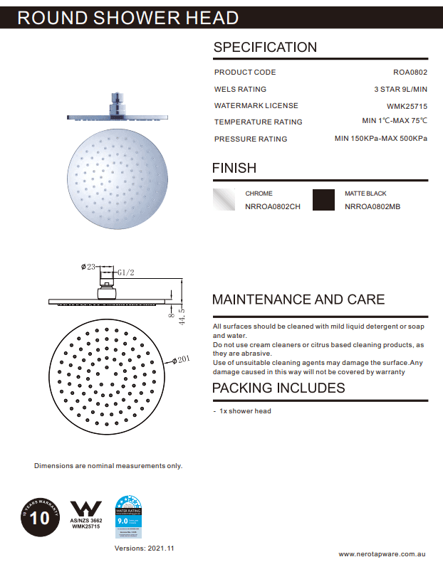 NERO 200MM ROUND SHOWER HEAD MATTE BLACK - Ideal Bathroom CentreNRROA0802MB