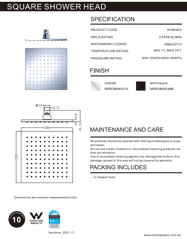 NERO 200MM SQUARE SHOWER HEAD MATTE BLACK - Ideal Bathroom CentreNRROB0803MB