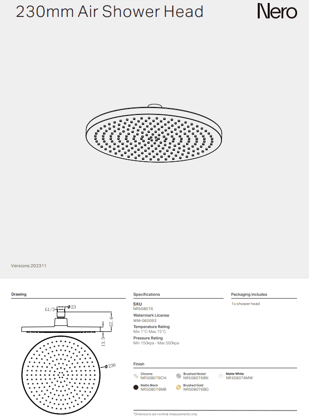 NERO 230MM AIR SHOWER HEAD MATTE BLACK - Ideal Bathroom CentreNR508076MB