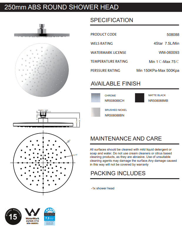 NERO 250MM ABS ROUND SHOWER HEAD BRUSHED NICKEL - Ideal Bathroom CentreNR508088BN