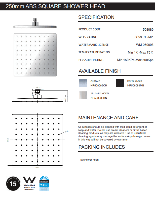 NERO 250MM ABS SQUARE SHOWER HEAD BRUSHED NICKEL - Ideal Bathroom CentreNR508089BN