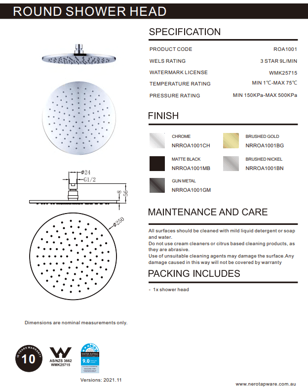NERO 250MM ROUND SHOWER HEAD BRUSHED NICKEL - Ideal Bathroom CentreNRROA1001BN