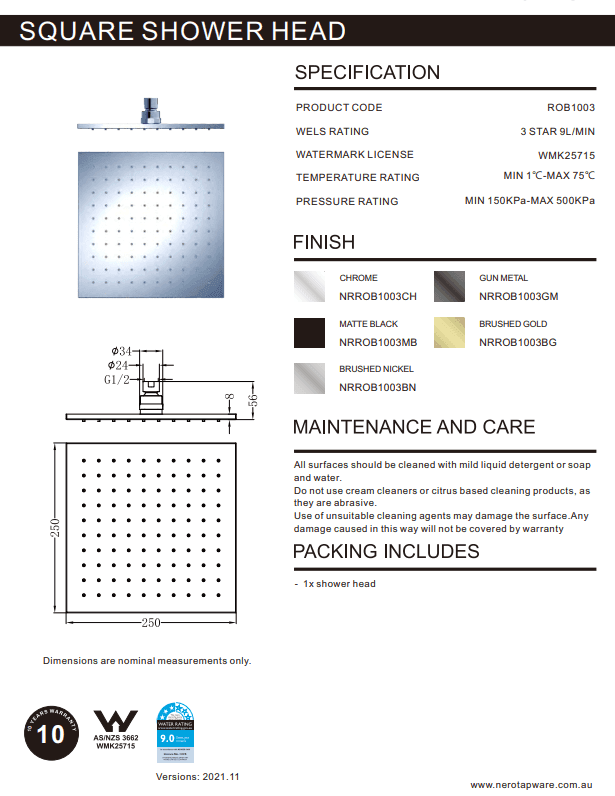 NERO 250MM SQUARE SHOWER HEAD MATTE BLACK - Ideal Bathroom CentreNRROB1003MB