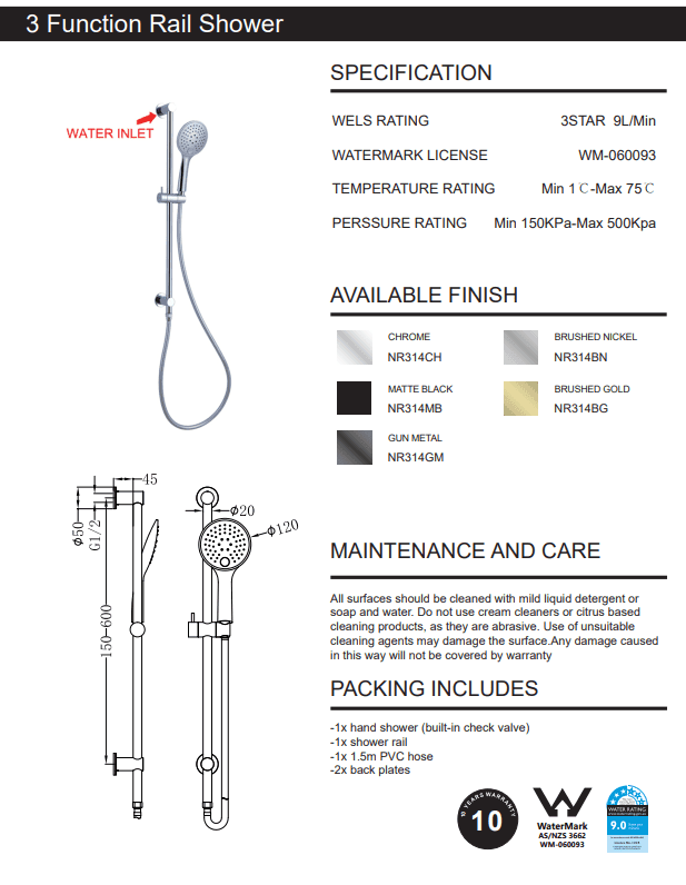 NERO 3 FUNCTION SHOWER RAIL CHROME - Ideal Bathroom CentreNR314CH