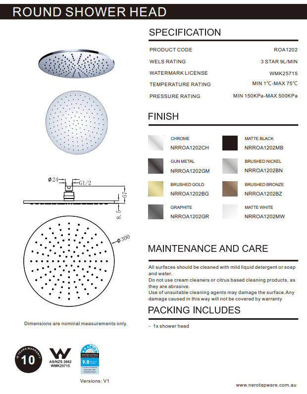 NERO 300MM ROUND SHOWER HEAD BRUSHED GOLD - Ideal Bathroom CentreNRROA1202BG