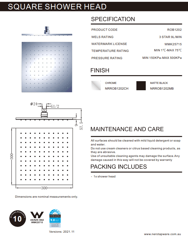 NERO 300MM SQUARE SHOWER HEAD CHROME - Ideal Bathroom CentreNRROB1202CH
