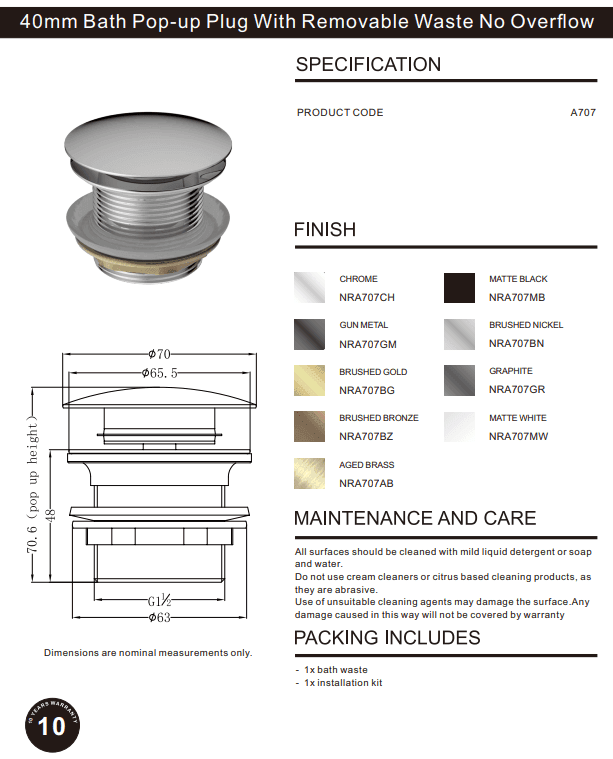 NERO 40MM BATH POP-UP PLUG WITH REMOVABLE WASTE NO OVERFLOW AGED BRASS - Ideal Bathroom CentreNRA707AB