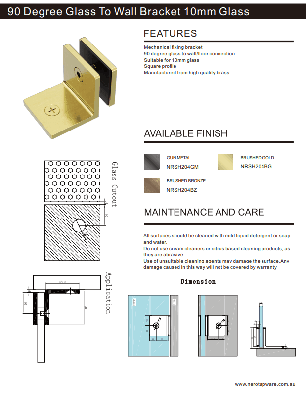 NERO 90 DEGREE GLASS TO WALL BRACKET 10MM GLASS GUN METAL - Ideal Bathroom CentreNRSH204GM