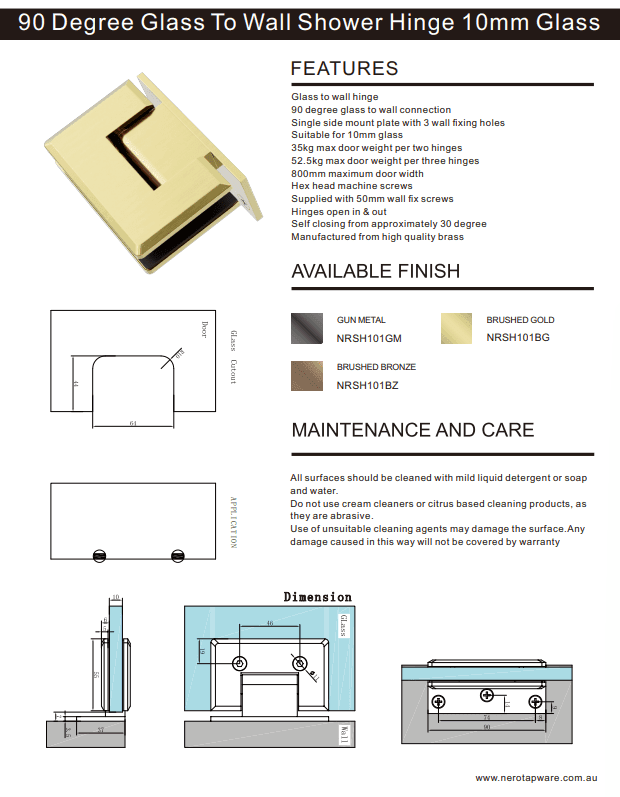 NERO 90 DEGREE GLASS TO WALL SHOWER HINGE 10MM GLASS BRUSHED BRONZE - Ideal Bathroom CentreNRSH101BZ