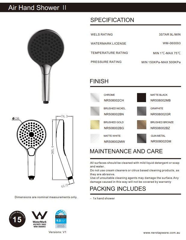 NERO AIR HAND SHOWER II BRUSHED BRONZE - Ideal Bathroom CentreNR508002BZ