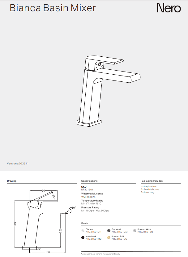 NERO BIANCA BASIN MIXER BRUSHED GOLD - Ideal Bathroom CentreNR321501BG