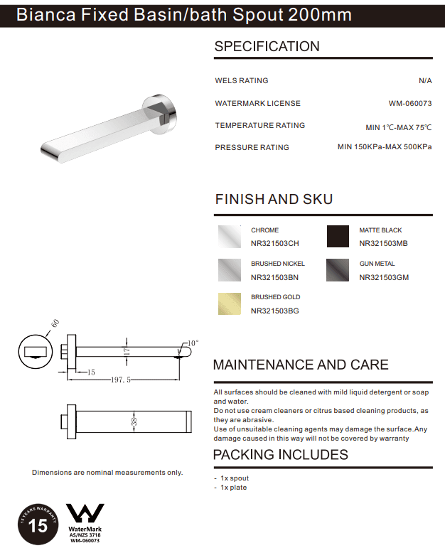 NERO BIANCA FIXED BASIN/BATH SPOUT ONLY 200MM CHROME - Ideal Bathroom CentreNR321503CH
