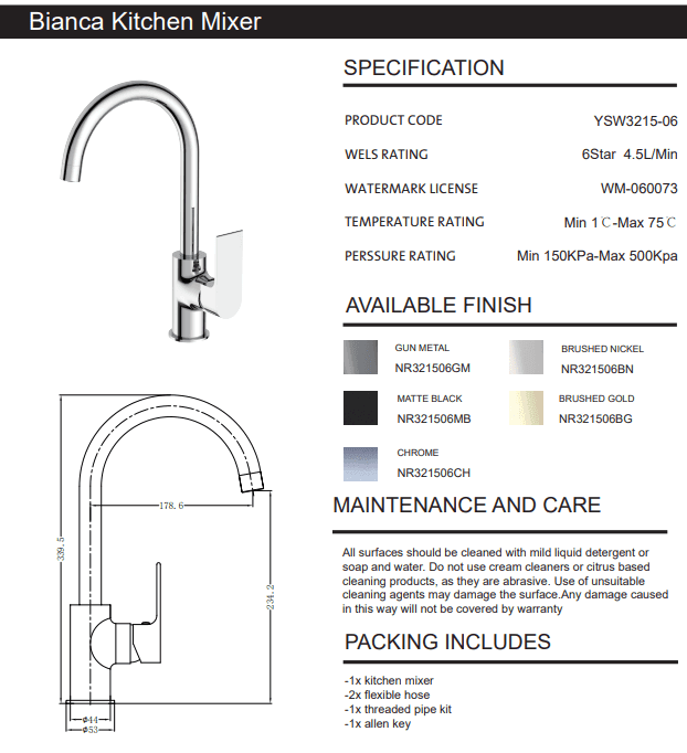 NERO BIANCA KTICHEN MIXER GOOSENECK SPOUT CHROME - Ideal Bathroom CentreNR321506CH