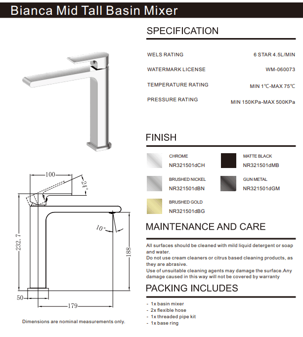 NERO BIANCA MID TALL BASIN MIXER BRUSHED GOLD - Ideal Bathroom CentreNR321501dBG