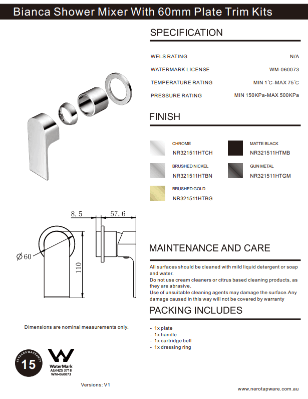 NERO BIANCA SHOWER MIXER 60MM PLATE TRIM KITS ONLY CHROME - Ideal Bathroom CentreNR321511HTCH