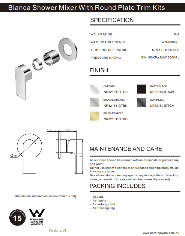 NERO BIANCA SHOWER MIXER 80MM PLATE TRIM KITS ONLY GUN METAL - Ideal Bathroom CentreNR321511DTGM