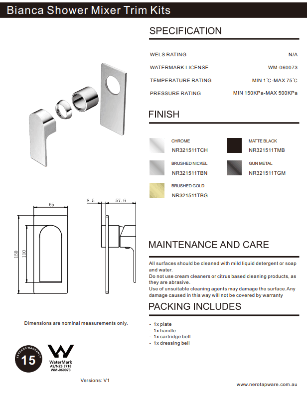 NERO BIANCA SHOWER MIXER TRIM KITS ONLY BRUSHED GOLD - Ideal Bathroom CentreNR321511TBG