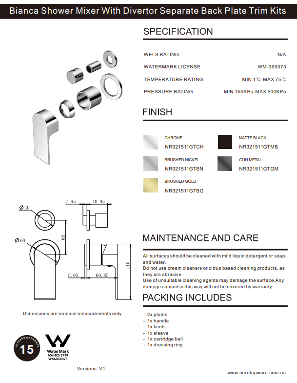NERO BIANCA SHOWER MIXER WITH DIVERTOR SEPARATE BACK PLATE TRIM KITS ONLY BRUSHED GOLD - Ideal Bathroom CentreNR321511GTBG