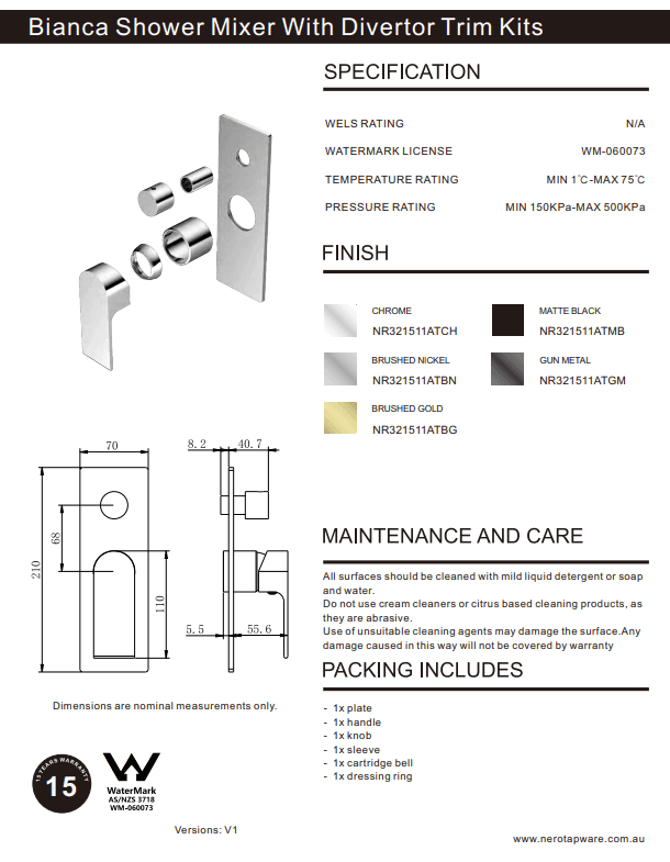 NERO BIANCA SHOWER MIXER WITH DIVERTOR TRIM KITS ONLY MATTE BLACK - Ideal Bathroom CentreNR321511ATMB