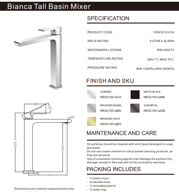 NERO BIANCA TALL BASIN MIXER BRUSHED NICKEL - Ideal Bathroom CentreNR321501aBN