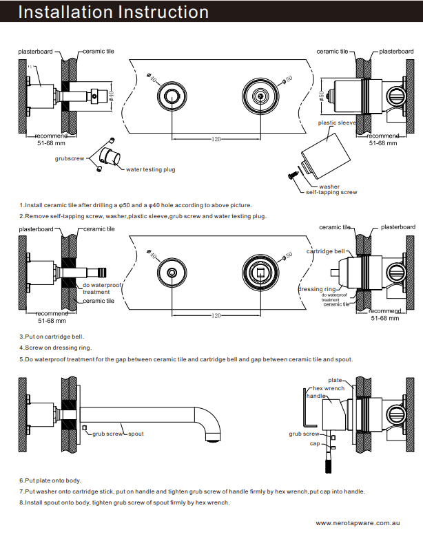 NERO BIANCA WALL BASIN/BATH MIXER 230MM TRIM KITS ONLY BRUSHED NICKEL - Ideal Bathroom CentreNR321510BTBN