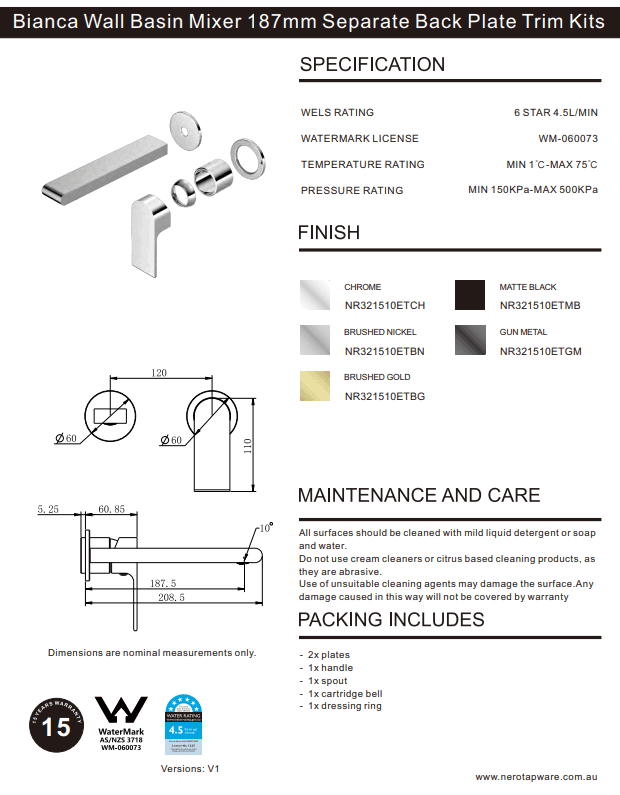 NERO BIANCA WALL BASIN/BATH MIXER SEPARATE BACK PLATE 187MM TRIM KITS ONLY BRUSHED GOLD - Ideal Bathroom CentreNR321510ETBG