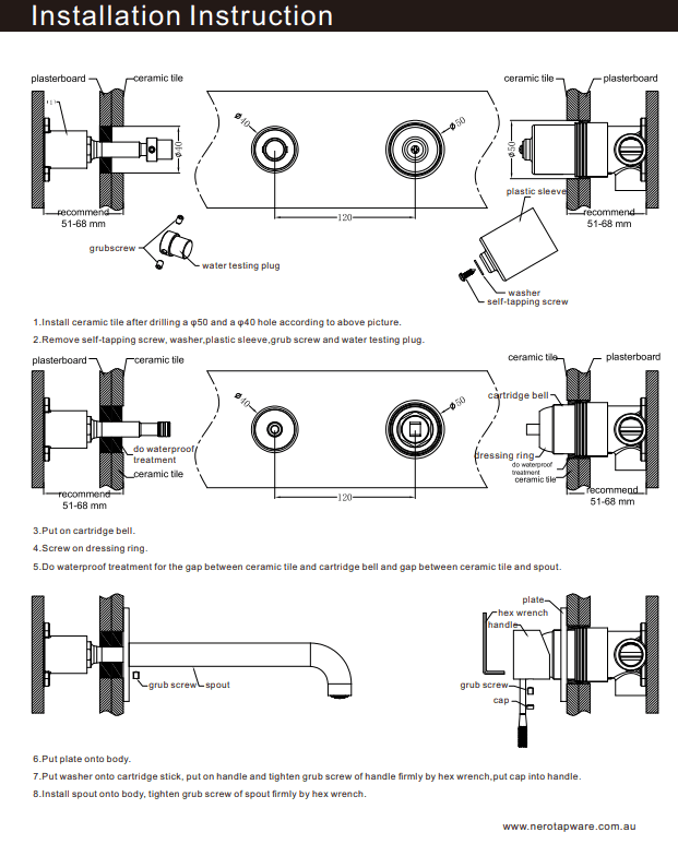 NERO BIANCA WALL BASIN/BATH MIXER SEPARATE BACK PLATE 187MM TRIM KITS ONLY MATTE BLACK - Ideal Bathroom CentreNR321510ETMB