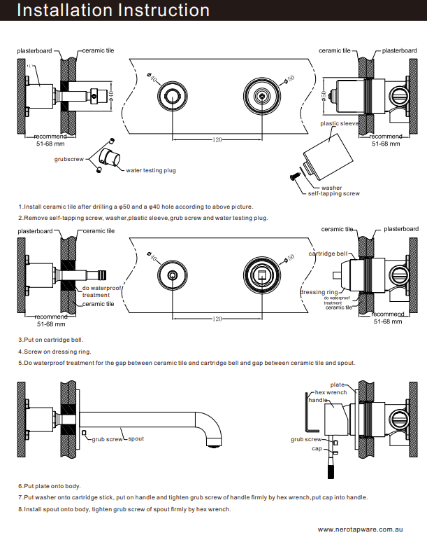 NERO BIANCA WALL BASIN/BATH MIXER SEPARATE BACK PLATE 230MM TRIM KITS ONLY BRUSHED NICKEL - Ideal Bathroom CentreNR321510FTBN