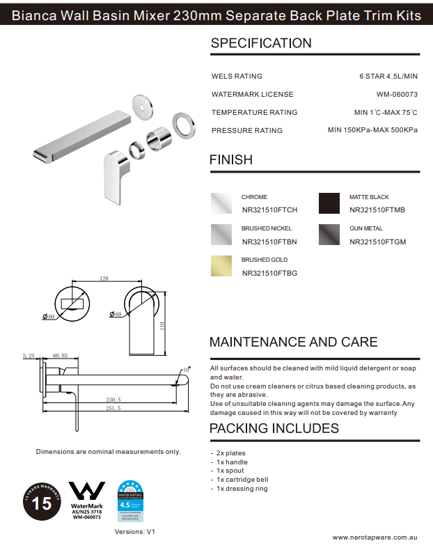 NERO BIANCA WALL BASIN/BATH MIXER SEPARATE BACK PLATE 230MM TRIM KITS ONLY MATTE BLACK - Ideal Bathroom CentreNR321510FTMB
