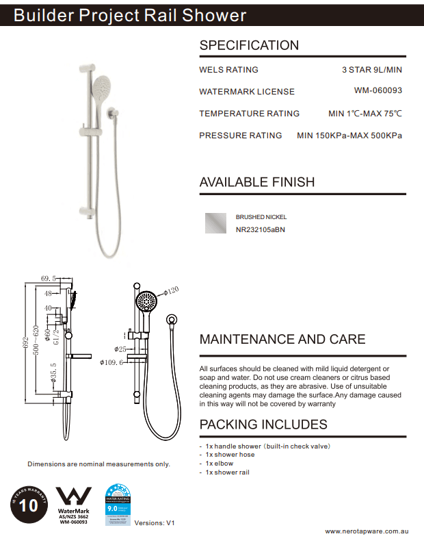 NERO BUILDER PROJECT RAIL SHOWER BRUSHED NICKEL - Ideal Bathroom CentreNR232105aBN