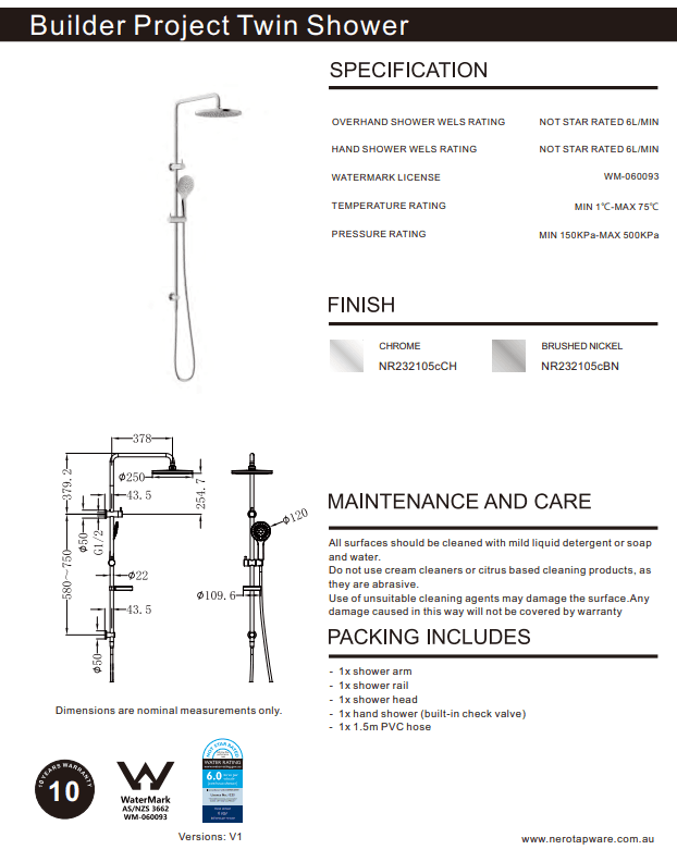 NERO BUILDER PROJECT TWIN SHOWER BRUSHED NICKEL - Ideal Bathroom CentreNR232105cBN