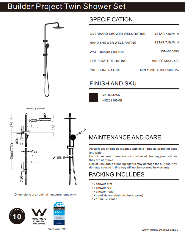NERO BUILDER PROJECT TWIN SHOWER SET MATTE BLACK - Ideal Bathroom CentreNR232105MB