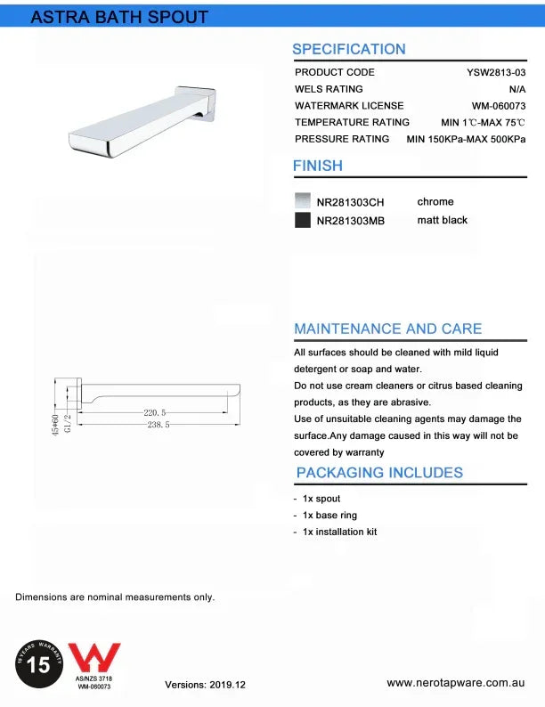 NERO CELIA FIXED BATH SPOUT ONLY CHROME - Ideal Bathroom CentreNR281303CH